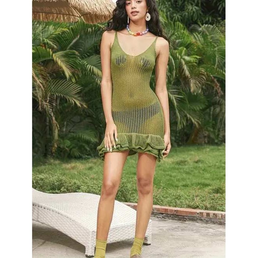 Micas Crochet Mini Dress Green Ruffle Trim Sleeveless Cover Up Beach Size L